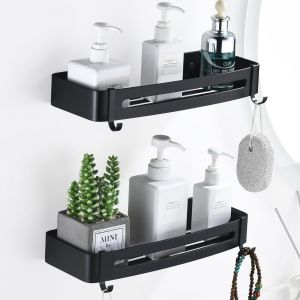 Etagere Douche Noir Lot de 2, &Eacute;tag&egrave;re Rangement Douche avec 4 Crochets Etagere Salle de Bain sans Percage Serviteur de Douche en M&eacute;tal pour Shampooing, Antirouille - Neuf