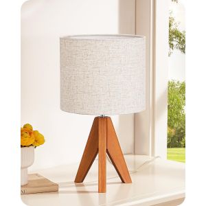 Lampe De Chevet Bois &Agrave; Tr&eacute;pied Avec Abat-Jour En Lin, E27 Ampoule Led Incluse, 2700k Blanc Chaud, Lampe De Table Moderne Design Pour Chambre, Salon, Bureau, H&ocirc;tel, Base Orange - Neuf