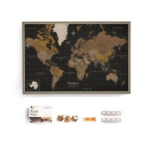 Carte du Monde Tableau en Li&egrave;ge 70x50 cm Toile Canvas Vintage Langue Allemande D&eacute;coration Murale et Planificateur de Voyage - Neuf