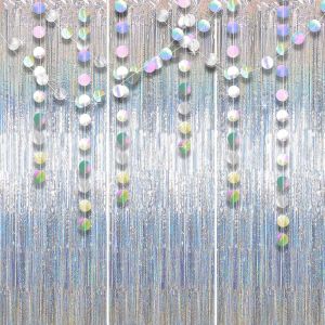 KYAOAYO-Lot De 3 Rideaux À Guirlandes Argentées Et Guirlandes En Papier Irisé À 3 Cordes ¿ Guirlande À Franges Scintillantes Et Boules Pailletées Pour Nouvel An, Anniversaire, Mariage, Fête Disco - Neuf