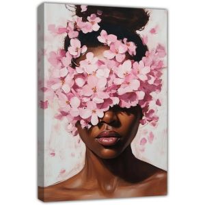 Art Mural Femme Noire, Peinture Abstraite avec Fleurs, Decoration pour Chambre et Salon, Toile de Haute Qualite - Neuf
