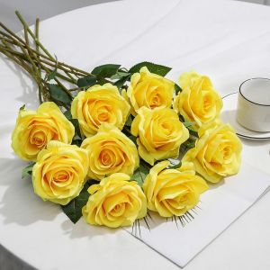 Lot de 10 roses artificielles de 54 cm en fausse soie &agrave; longue tige, roses r&eacute;alistes pour DIY, fleurs artisanales, bouquets de mariage, arrangements, f&ecirc;tes et d&eacute;coration de maison (Jaune - Neuf