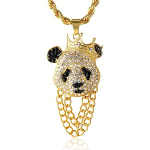 Trahoo-Chaîne En Or Homme Iced Out,Véritable Plaqué Or 18 Carats Couronne Panda Pendentif Collier,Plein Cz Lab Diamants Set Prong,Avec Chaîne De Corde 60cm,Coffret Cadeau Gratuit - Neuf