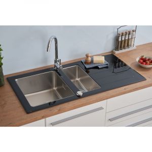 Evier 100 X 50 Cm Evier En Verre &agrave; Encastrer Evier De Cuisine En Acier Inoxydable Noir Respekta - Neuf