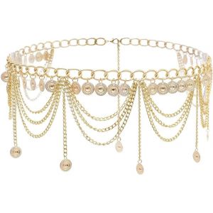 KALANKA-Cha&icirc;nes de taille,Accessoire cha&icirc;ne de taille de danse orientale avec pendentif pompon, longueur de la cha&icirc;ne 70 cm + cha&icirc;ne d'extension 30 cm (or) - Neuf