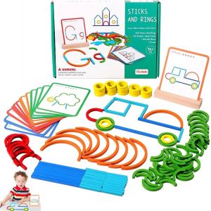 ERYI-Jeux Éducatif Puzzles En Bois Tangram Enfant, 120 Bâtonnets Et Anneaux En Bois Avec Cartes, Jeux Montessori, Jeux Educatif 3 4 5 6 Ans, Cadeau Noël Anniversaire Pour Garçon Fille 3 4 5 6 Ans - Neuf