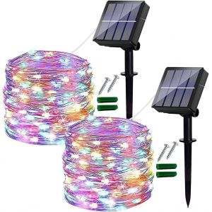 KAL-[Lot De 2] Guirlande Lumineuse Solaire Extérieur, 12M/120 Led 8 Modes Ip65 Étanche Fil De Cuivre Décoratif Pour Arbres, Jardin, Terrasse, Cour, Fête, Noël (Multicolore) - Neuf