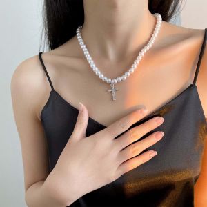 Collier Perles Collier Pendentif Croix En Cristal Collier De Perles Vintage Collier De Perles Minuscules Pendentif Croix Strass Collier De Perles Des Ann&eacute;es 1920 Bijoux De Charme P[Col9220615] - Neuf