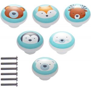 6 boutons d'armoire en céramique, boutons d'armoire en céramique avec vis, bouton de poignées de meubles à motif animal de dessin animé, pour poignées de porte, placards, tiroirs - Neuf