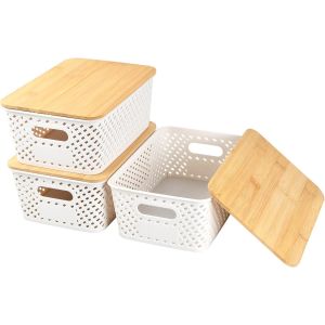 Subzonal-Lot De 3 Bo&icirc;tes De Rangement Avec Couvercles En Bambou 25x18x10cm Bo&icirc;tes De Rangement Empilables 5l Bo&icirc;tes De Rangement Pour Salle De Bain, Cuisine Pour &Eacute;tag&egrave;res, Armoires, Placards Et Maiso - Neuf