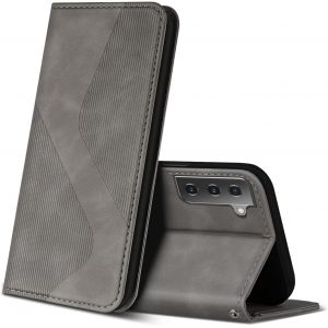 Sjzg-Coque Pour Samsung Galaxy S21 Fe, Premium &Eacute;tui Housse En Cuir De Protection Avec [Emplacements Cartes] [Magnetique], Clapet Folio Portefeuille Pour Samsung Galaxy S21 Fe (Gris) - Neuf