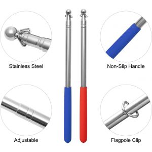 2 Pi&egrave;ce Mat Drapeau T&eacute;lescopique 1,6M, Hampe pour Drapeau en Acier Inoxydable avec 4 Mousquetons, M&acirc;t de Drapeau Portable de Poign&eacute;e Antid&eacute;rapante pour Enseignant Guide Touristique Camping - Neuf