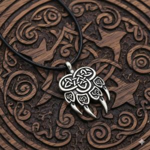 Collier Pendentif Patte D&iquest;Ours Celtique &Oslash;30mm - Cordon Cir&eacute; Noir R&eacute;glable - Style Nordique - Neuf