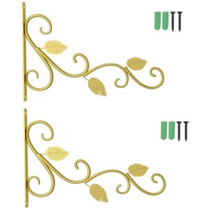 Lot de 2 supports pour plantes murales,crochets muraux pour plantes,supports muraux en fer forg&eacute;,pour panier de plantes,pots de fleurs,lanternes et mangeoires pour oiseaux et cloches (or) - Neuf