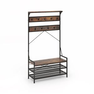 Porte-manteau 4 en 1 102 x 40 x 184 cm rangement fonctionnel 11 crochets design rustique en bois m&eacute;tal marron Helloshop26 20_0017553 - Neuf