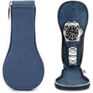 Kal-Étui De Montre En Cuir Saffiano - 1 Boîte De Rangement Pour Montres - Étui De Protection Portable Pour Homme - Bleu - Neuf