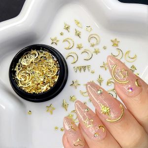 1 Bo&icirc;te D'or &Eacute;toile Et Lune Ongle Breloques Nail Art Rivets 3d M&eacute;tallique &Eacute;toile Lune Ongle Rivets Strass &Eacute;toile Ongle Bijoux D&eacute;cor - Neuf