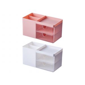 Organiseur de bureau, bo&icirc;te de rangement pour maquillage avec tiroirs, blanc et rose - Neuf