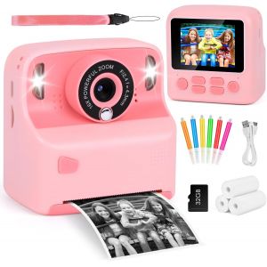 LETNERNY-Appareil Photo Instantané, 2.4"" Écran Appareil Photo Numérique Enfant, Caméra Vidéo Avec Papier D'Impression Et Carte 32Gb Stylos Colorés, Noël Anniversaire Cadeau Pour Enfant 3-10 Ans (Rose - Neuf
