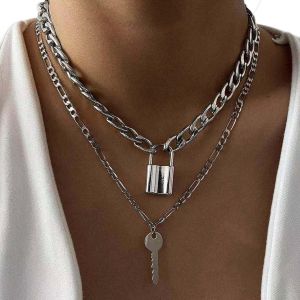Trahoo-Chaîne Punk Cubaine Collier Ras Du Cou Argenté Colliers À Cadenas Pendentifs Colliers À Clés Chaîne Plate À Maillons Épais Chaîne Multicouche Collier Bijoux Pour Femmes Et Filles - Neuf