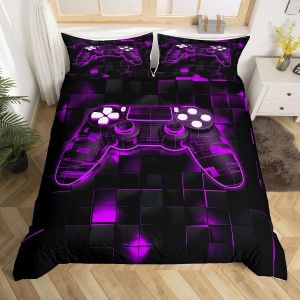 Sjzg-Gaming Housse De Couette Ado Garcon 240 X 260 Cm Avec 2 Taies D'oreiller, Parure De Lit Jeux Vid&eacute;o, Sets De Housses De Couettes Manette De Jeux N&eacute;on Couvre Lit Carr&eacute; G&eacute;om&eacute;trique Violet - Neuf