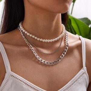 Kal-Collier Argenté Pour Femmes Collier Ras Du Cou En Fausses Perles Collier Cubain Minimaliste Collier À Maillons Superposés Collier Triple Chaîne Bijoux Hip Hop Pour Femmes Filles - Neuf