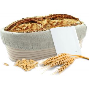 Jexnovashop-Banneton &Agrave; Pain + Racleur De P&acirc;te - Panier Naturel (Oval, &Oslash; 35 Cm) Pour Faire Son Propre Pain - Tissu En Lin Inclus - Serr&eacute; Avec De L&iquest;Acier Inoxydable - Neuf