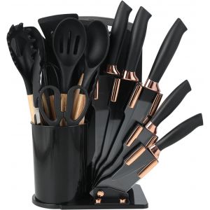 Mevronisshop-Lot De 19 Couteaux De Cuisine En Silicone Avec 12 Ustensiles De Cuisine, 5 Couteaux, Planche &Agrave; D&eacute;couper Et Support, Passe Au Lave-Vaisselle (Noir) - Neuf