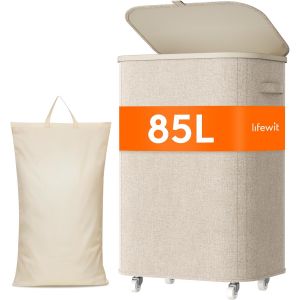 MEVRONISSHOP-Panier a Linge Sale avec Couvercle et Roulettes, Corbeille Linge Pliable avec Sac Amovible, Bac Linge, Laundry Basket pour Chambre, Salle de Bain, Buanderie, 85L, Beige - Neuf