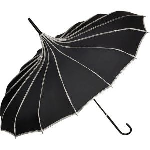 Parapluie Canne Grand Robuste Ombrelle Mari&eacute;e Femme R&eacute;sistant Au Vent Pagode Justine, Noir - Neuf