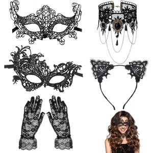Masque De Mascarade, Lot De 5 Pi&egrave;ces Masque Venitien Femme, Noir Masques Dentelle Colliers Gothique Avec Pompon Gantss En Dentelle Bandeau Avec Oreilles De Chat Pour Halloween Et Carnaval - Neuf