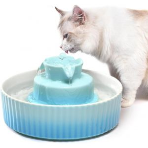 360 Fontaine &Agrave; Eau Pour Chat En Ceramique, 2.1l Fontaine Pour Chat C&eacute;ramique Bol Pour Chat Et Chien Avec Filtre De Rechange Et Mousse Pompe Intelligente (Bleu) - Neuf