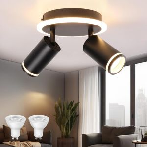 Subzonal-Plafonnier 2 Spot Orentable, Spot De Plafond Noir Moderne, Luminaire Plafonnier Avec &Eacute;clairage Inf&eacute;rieur 6w+2 X 5w Gu10 Spot Led, Blanc Chaud 3000k, Spot Led Plafond Rond Pour Cuisine Salon - Neuf