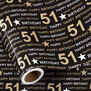 Rouleau De Papier Cadeau D'anniversaire - 51 Papier Cadeau D'anniversaire, Papier D'emballage Étoile Noir Et Doré Pour 51e Anniversaire, Fête Ou Toute Célébration - 43,2cm X 5m - Neuf