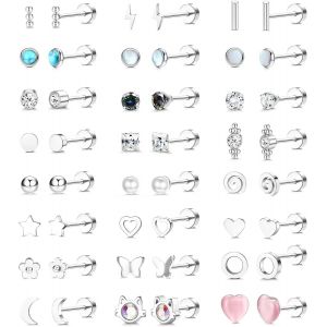 Cmjaagur-24 Paires Petite Boucles D'oreilles Femme Acier Inoxydable 20g Piercing Oreille Cartilage G&eacute;om&eacute;trique Etoile Lune Coeur Perle Fleur Cz Plat Dos Clou D'oreilles Ensemble Piercing Bij[M286] - Neuf