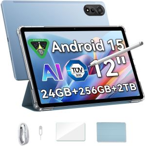 CHECARZHN--NO1- 2 Tablette Tactile 12 Pouces 2K, Tablette Android 15 Avec 24Go Ram+256Go Rom, Octa-Core, 8+16Mp, 9000Mah, Widevine L1, 4G Lte/Wifi 6/Gms/Gps/Face Id - Neuf