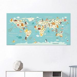 Tapisserie Imprimée De Dessin Animé - Éducatif Animal Landmark Carte Du Monde Enfants Tapisserie Bleue,Tissu De Fond - Neuf