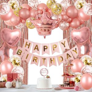 CAUC-Decoration Anniversaire Fille Femme, Deco Rose Gold, Ballons avec Banderole Joyeux Anniversaire, Rideaux &agrave; franges, Couronne de Ballons - Neuf