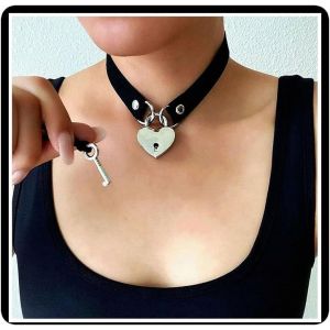 Kal-Cadenas Collier Ras Du Cou Collier En Cuir Coeur Collier Avec Serrure Clé Punk Chat Kitty Lolita Chaîne Bijoux Pour Femmes Filles (Noir) - Neuf