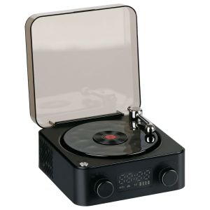 Rétro Platine Vinyle Bluetooth 5W - Enceinte Portable avec Modes de Lumière et Bruit Blanc - Tourne Disque avec AUX et carte TF - 14,2 x 15,3 x 6,7 cm - Noir - Neuf