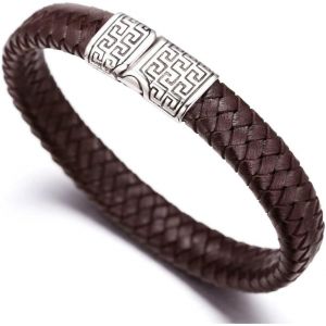 Eryi-¿ Solo ¿ Homme Bracelet Cuir Véritable Noir/Marron En Style Vintage Avec Clé Grecque Titané Acier Inoxidable Fermoir Magnétique 8.46"(21.5cm) Avec Le Boîte-Cadeau - Neuf