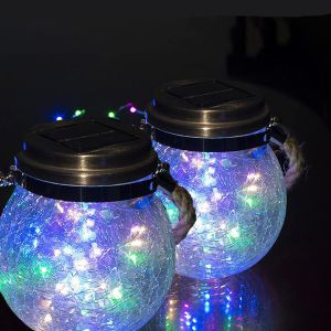 Lanterne Solaire Exterieur Jardin, 2 Pcs 30 Led Boule De Lumière Solaire Craquelée Verre Lampe Suspendue Mason Jar Avec Paille Eclairage Ip65 Etanche Pour Pelouse, Fête, Cour, Mariage(Multicolore) - Neuf