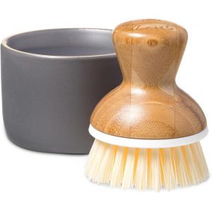 Bubble Up Brosse &agrave; Vaisselle en Bambou et Bol en C&eacute;ramique avec Ressort pour faire Mousser le Liquide Vaisselle - Brosse &agrave; Vaisselle avec Manche Ergonomique - Gris/Blanc - Neuf