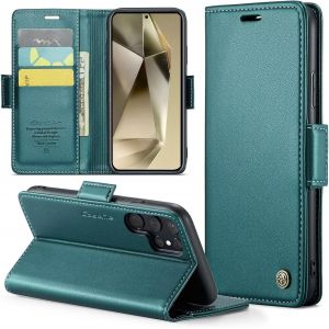 Kal-Coque Pour Samsung Galaxy S24 Ultra+ 2 Pi&egrave;ces Verre Tremp&eacute;,Antivol,Prend En Charge Le Chargement Sans Fil, Pochette Fermeture Magn&eacute;tique Flip Case-Bleu-Vert - Neuf