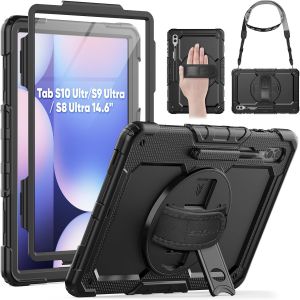 Coque Pour Galaxy Tab A9 Plus 11 Pouces 2023, Coque Antichoc Pour Galaxy Tab A9 Plus Avec Protecteur D'écran, Support Rotatif À 360°/Dragonne, Bandoulière, Avec Porte-Stylo, Bleu - Neuf