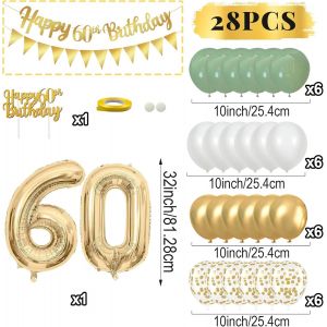 CAUC-Décoration Anniversaire 60 Ans - Set Ballons Vert Or et Blanc, Banderole Joyeux Anniversaire, Topper Happy Birthday - Pour Femme et Homme - Neuf