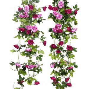 2 Pack 13 T&ecirc;tes Double Couleur Artificielle Faux Rose Guirlande Vignes Suspendus Fleurs en Soie pour D&eacute;coration Murale De Mariage Int&eacute;rieur en Plein Air Badroom (Magenta) - Neuf