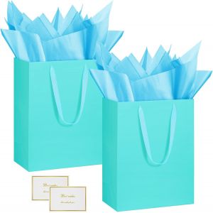 2 Pièces Sac Cadeau, 12.59"" Papier Emballage Cadeau Anniversaire, Vertical Pochette Cadeau Ggrand Format Enfant 32 * 25 * 13cm Avec 2 Cartes 2 Mouchoirs Pour Fête D'anniversaire, Mariage Azur - Neuf