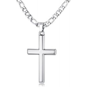 Trahoo-Collier Croix Pour Hommes Femmes 5mm Solide Taillé En Diamant En Acier Inoxydable Figaro Lien Bordure Chaîne En Croix Avec Bord Biseauté Collier Croix Pendentif Crucifix 46/51/56cm - Neuf