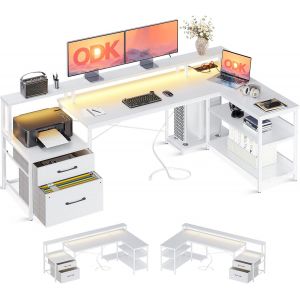 KSFAL-Bureau d'Angle en L Avec Rangement Et Tiroirs,189.3×100Cm Grand Bureau Gaming Réversible Avec Led,Prise de Usb Et Prises Courant,Table Informatique Pour Chambre Ou Coin Travail,Blanc - Neuf